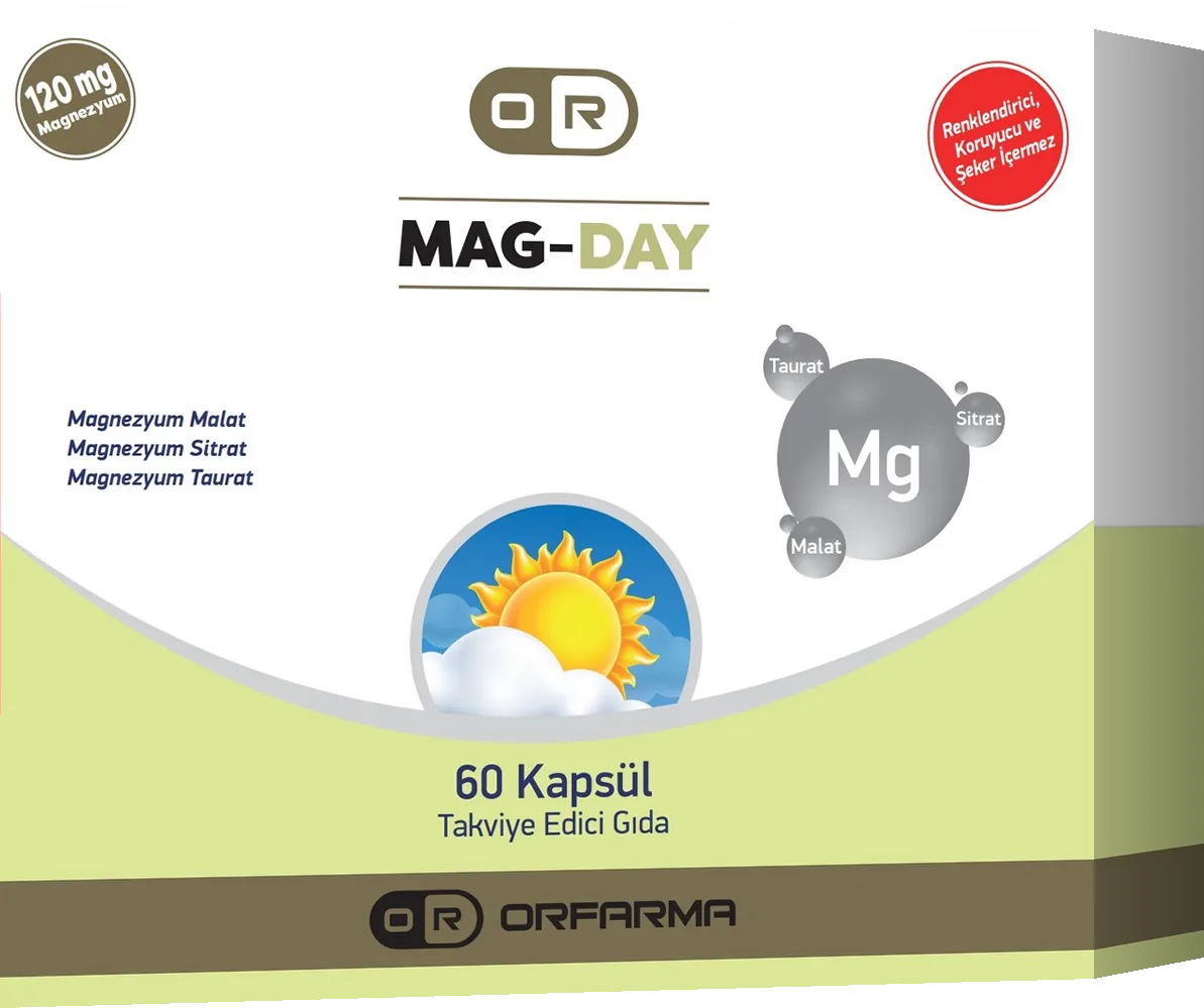 ORFARMA Gündüz Magnezyum Kompleks 60 Kapsül: üstü beyaz, altı açık sarı-yeşil bantlı, güneş ve bulut çizimli karton kutu.