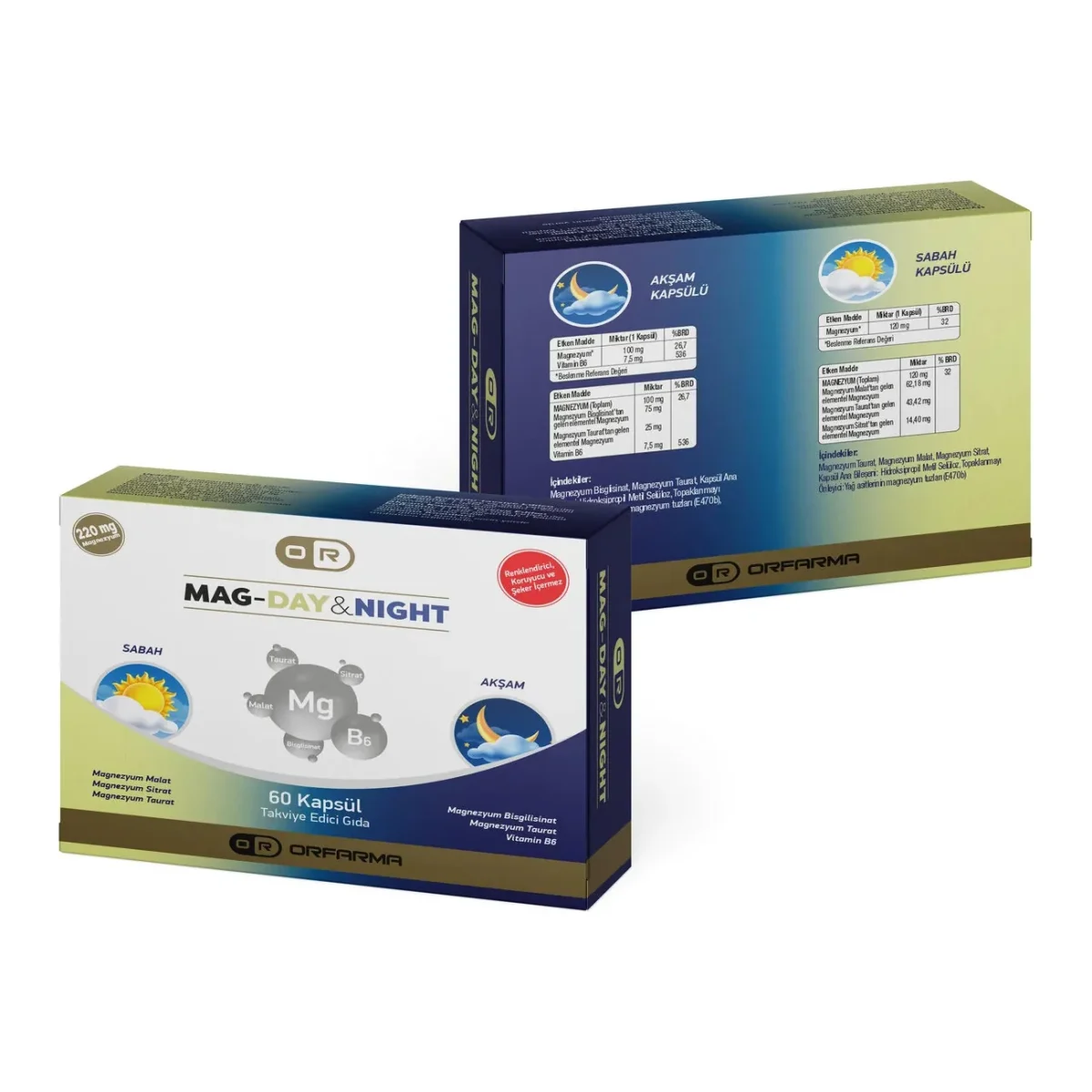 Beyaz zeminde ön ve arka yüzleri görünen iki adet ORFARMA Magnezyum Kompleks Gündüz ve Gece kutusu