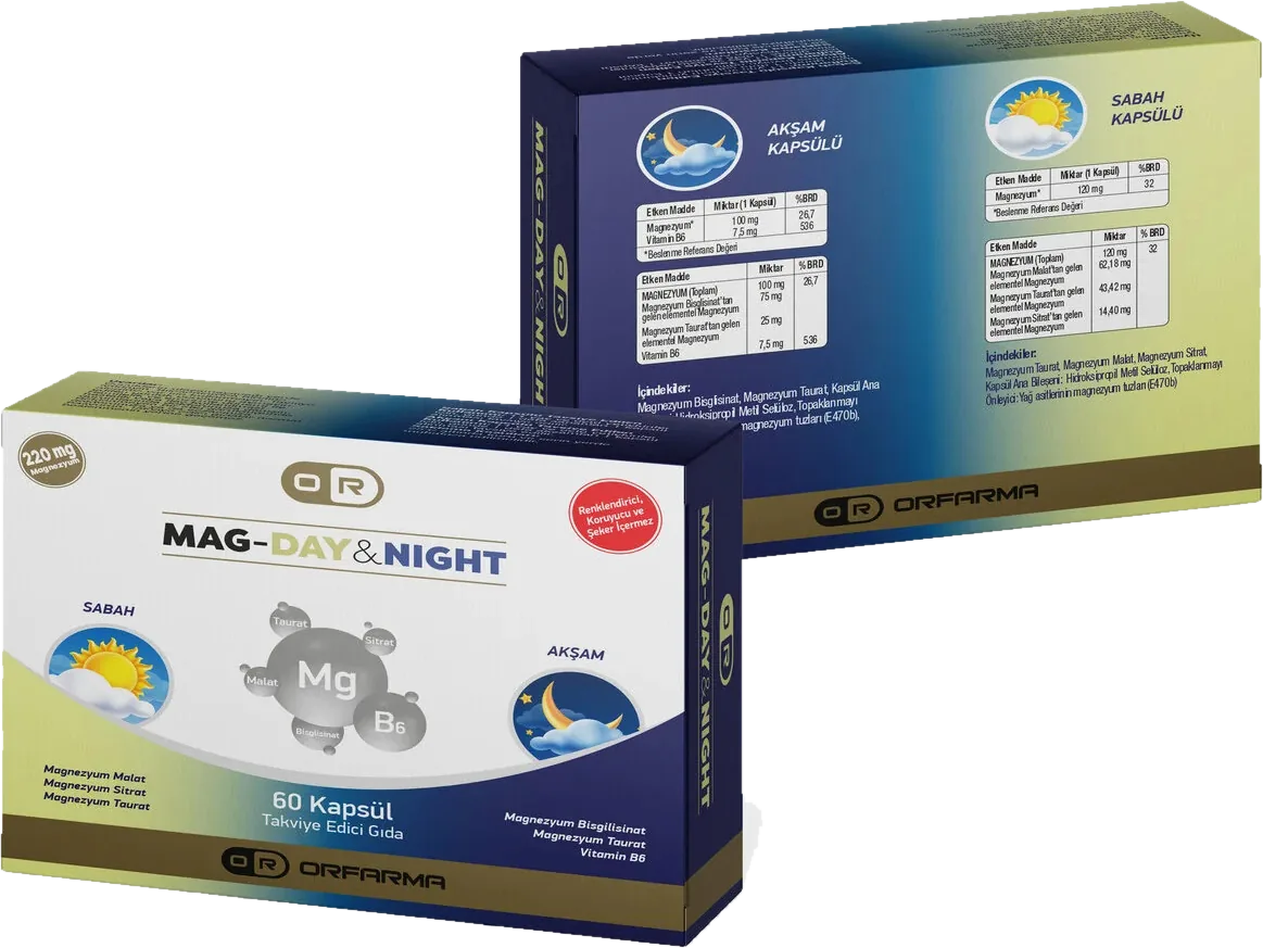Güneş ve ay çizimli beyaz, sarı-yeşil, lacivert ORFARMA Magnezyum Kompleks Gündüz ve Gece 60 Kapsül kutusunun iki yüzü.
