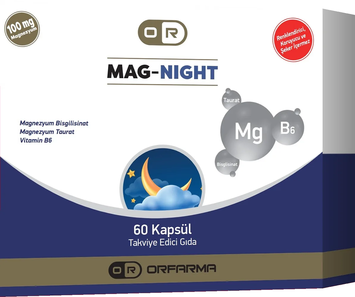 ORFARMA Gece Magnezyum Kompleks 60 Kapsül: üstü beyaz, altı lacivert bantlı, bulutlu hilal çizimli karton kutu.