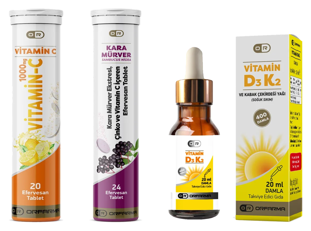 Yan yana ORFARMA C Vitamini 1000 mg tüpü, Kara Mürver ve Çinko tüpü ile güneş çizimli kutusunda Vitamin D3 ve K2 Damla.