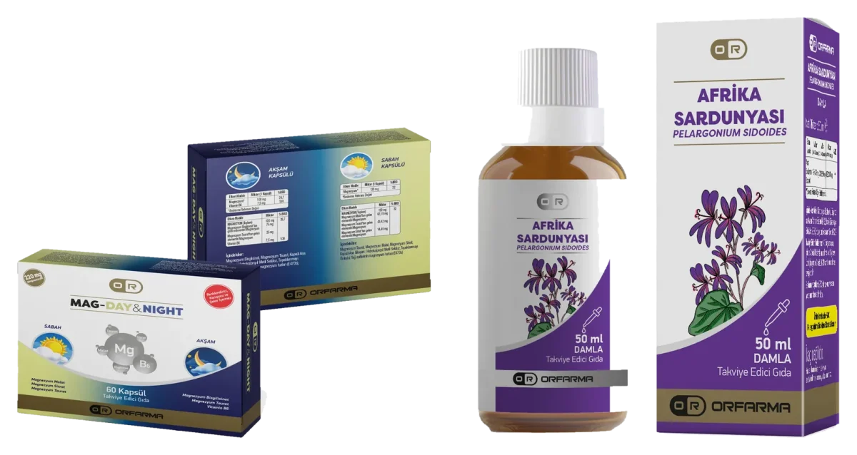 Güneş-ay çizimli ORFARMA Magnezyum Kompleks Gündüz ve Gece kutusu ile kutu ve amber şişede Afrika Sardunyası Damla.