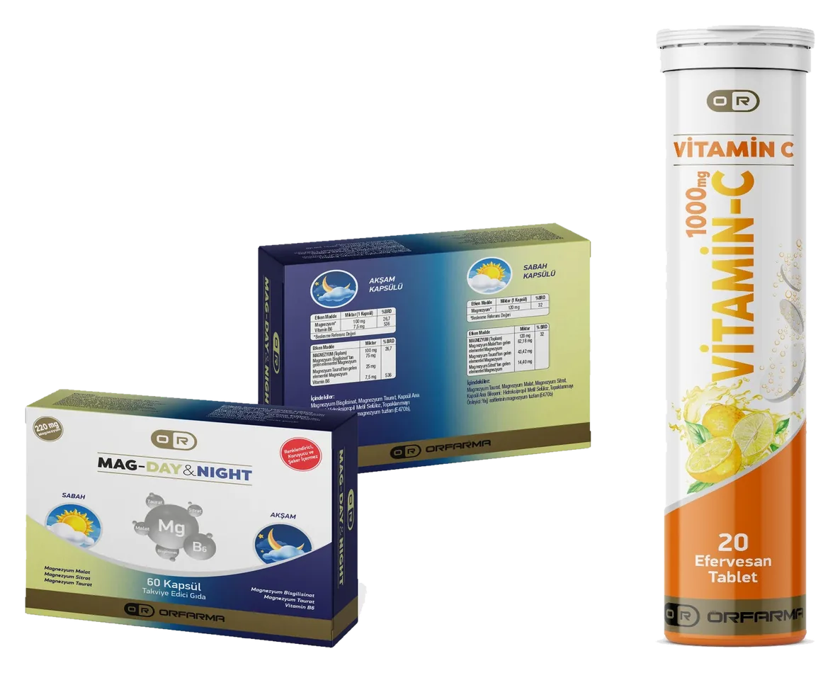 Güneş ve ay çizimli ORFARMA Magnezyum Kompleks Gündüz ve Gece kutusu yanında turuncu-beyaz C Vitamini 1000 mg efervesan tüpü.