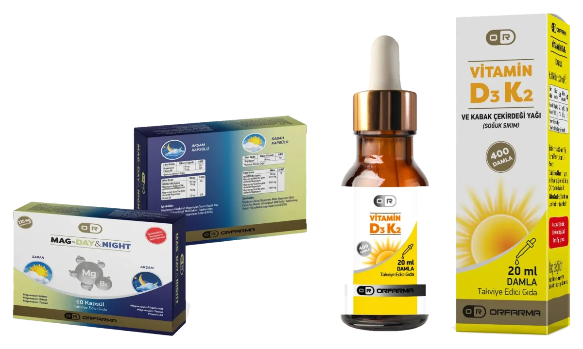 Yan yana ORFARMA Magnezyum Kompleks Gündüz ve Gece kutusu ile güneş çizimli kutusu ve amber şişesiyle Vitamin D3 ve K2 Damla.